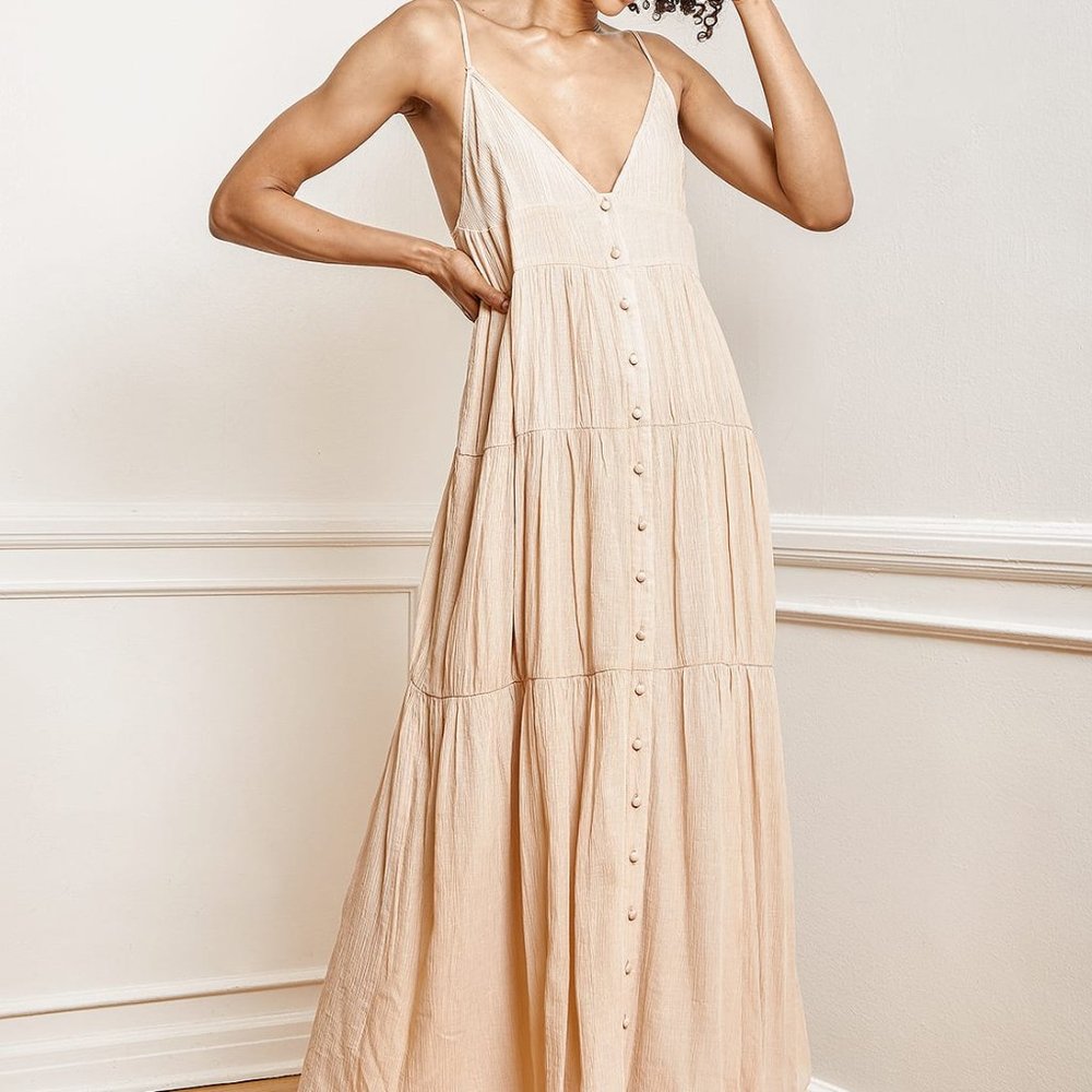 All Sunny Days Tan Tiered Button-Front Maxi Dress